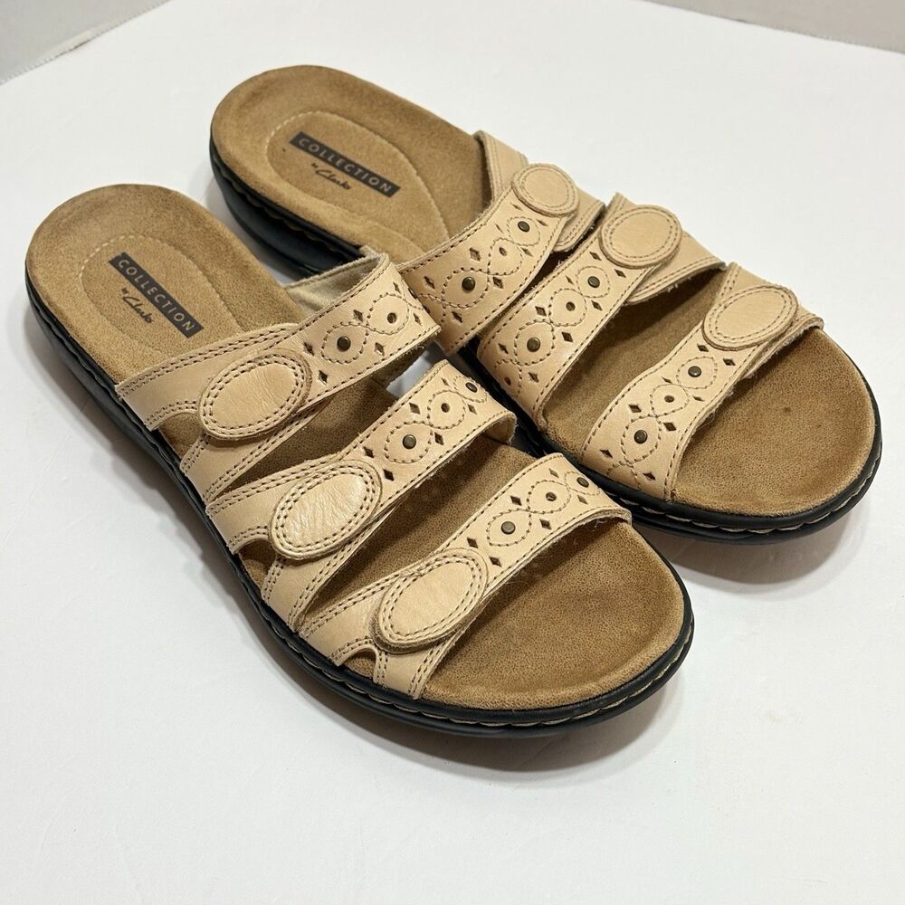 Clarks Leisa Cacti Q Women's Size 8N Sandals Leather Beige Slide